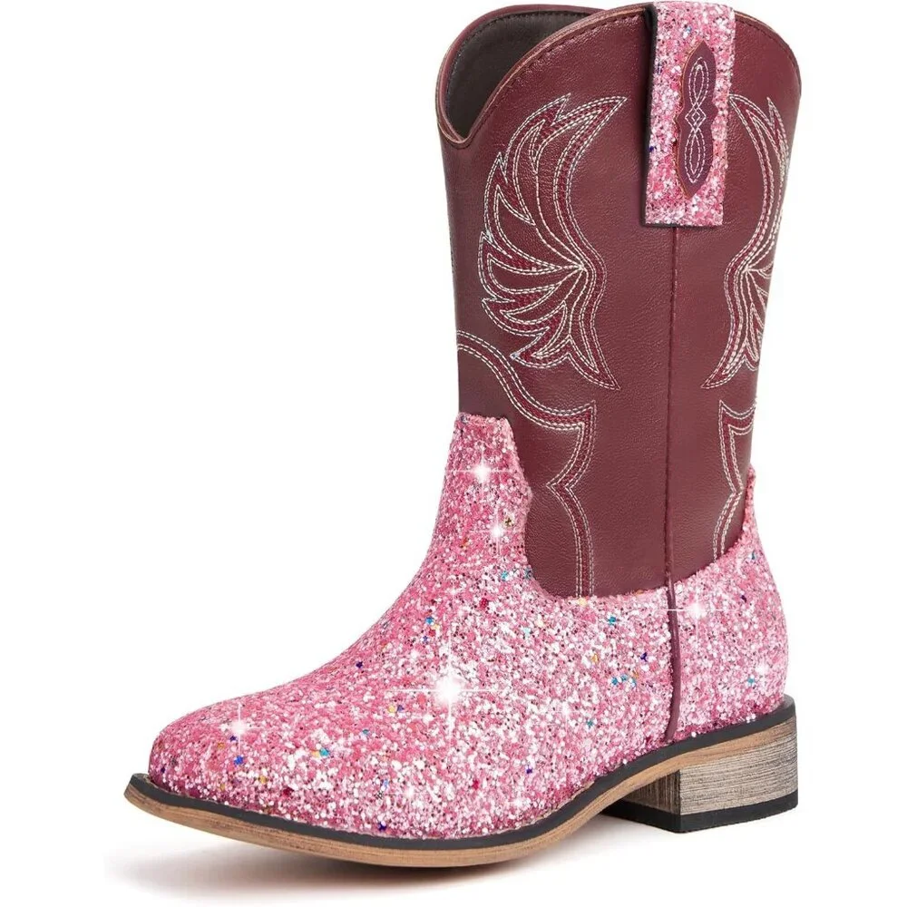 ⚡Girls Pink Sequins Embroidered Cowgirl Boots Western Square Toe Mid Calf